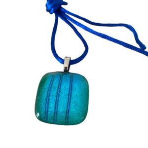 Art Glass blue green square pendant necklace dicroic glass